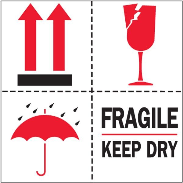 Fragile, Keep Dry Label, 4" x 4", 5