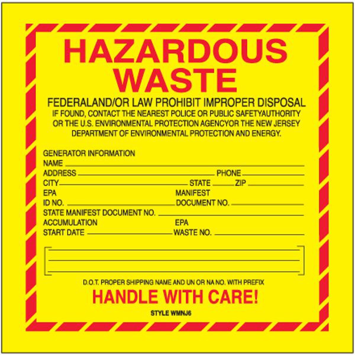 Hazardous Waste Label - New Jersey,